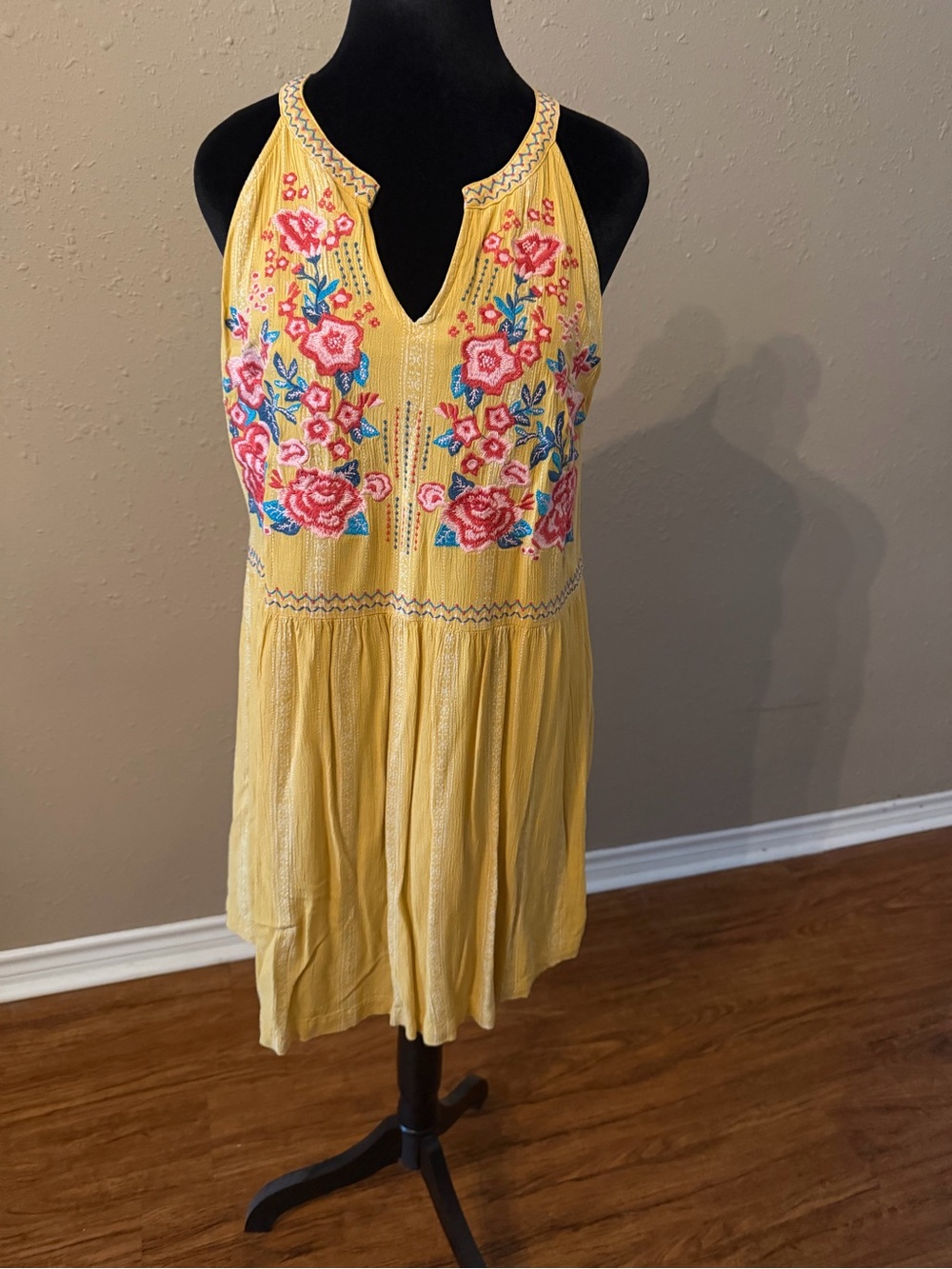 Andree Yellow Embroidered Floral Halter Mini Dress